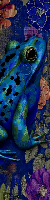 Free printable frog bookmark featuring bold blue frog with flowers